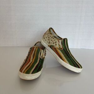 Kim & Kozi Hippie Bling Canvas Rasta Stripes Studs Sculls Loafers Sz 8